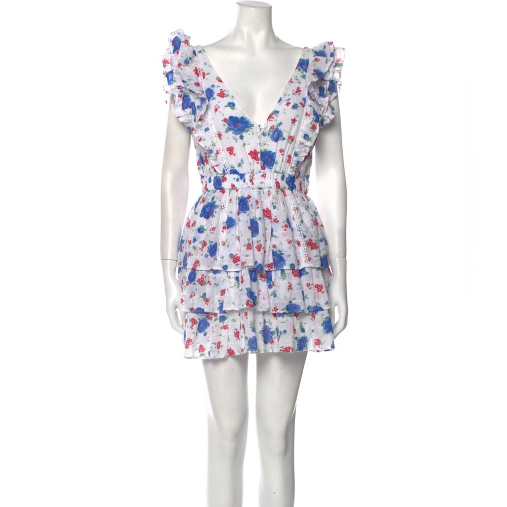LoveShackFancy Bennett Ruffle Mini Dress in red and blue floral print